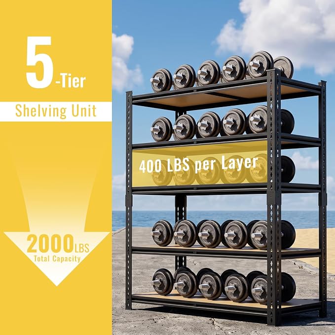 5 Tier Garage Shelving, Adjustable Heavy Duty Garage Shelves | 72 "H Metal Storage Shelves Unit for Basement,Warehouse,Pantry Kitchen