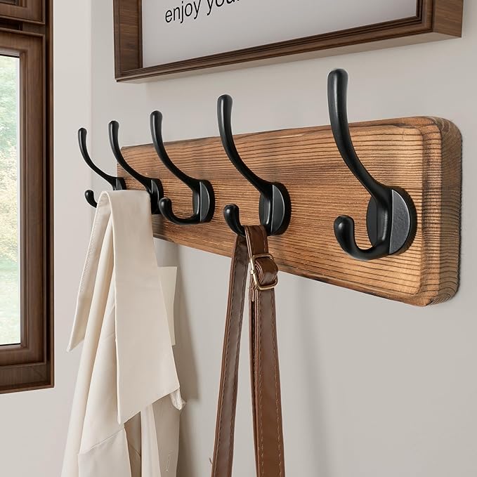 SKOLOO Rustic Wall Mounted Coat Rack, Case of 2, Pine Solid Wood Coat Hook Hanger - 5 Hooks for Hanging Clothes Robes Towels Coats