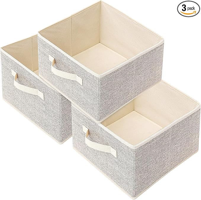 Storage Baskets, 11-Inch Woven Fabric Bins, Storage Cubes with Reinforced Handles, Organizer Bins for Closet Shelves, Foldable, for Toys, Clothes, Natural Beige (3PCS/Beige-11*11*7.8inch)