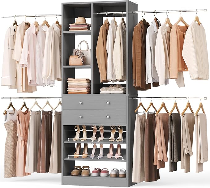 Besiost Closet System, 4.2–8.8 FT Closet Organizer with 2 Wooden Drawers and Shelves, Walk-in Closet System with 5 Hang Rods, Built-in Reach in Closet Tower, Can Fit 60 to 96 inch, Morandi Grey