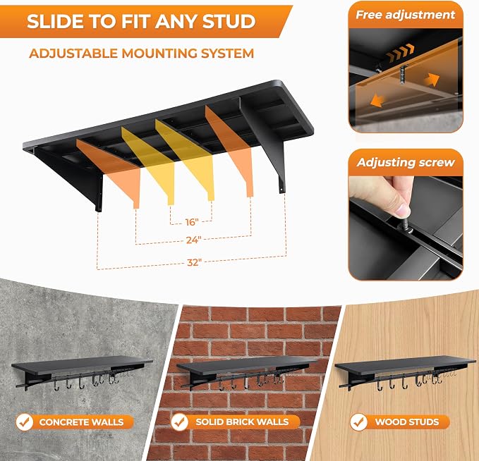 2-Pack 4ft x 16in Heavy Duty Metal Garage Wall Shelving,700lbs Capacity Solid Iron Garage Storage shelves with Sliding Hooks, Wall Mounted Floating Shelves for Workshop,Basement,Tools & Bins,Black