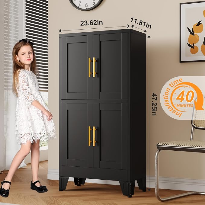 GAIOUS 47.25" Metal Storage Cabinet, Black Kitchen Food Storage with 4 Door and 2 Adjustable Shelves, Freestanding Bathroom Cabinet, Pantry for Kitchen Dinning Room, Cupboard