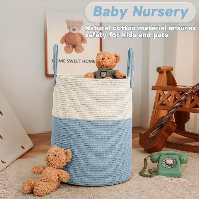 JMvicyroam 100L Cotton Rope Laundry Basket Hamper, White and Blue | Collapsible laundry basket, reinforced handles, freestanding, machine washable, holds 3-5 thick blankets, clothes or toys