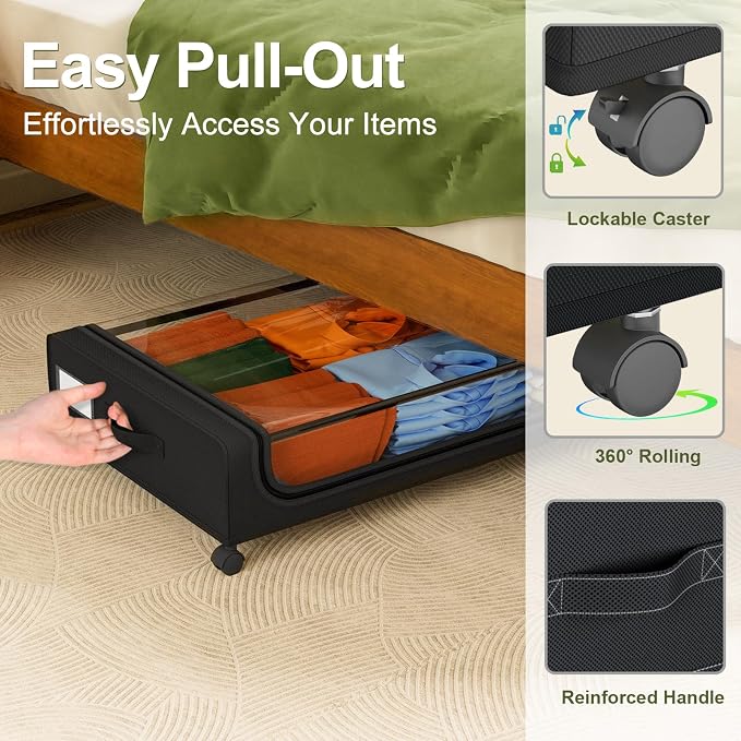 GoMaihe Under Bed Storage with Wheels 70L Black 2-Pack | Rolling Rangement Vetement sous le Lit - Containers for Clothes Shoes in Bedroom - Easy Pull-out