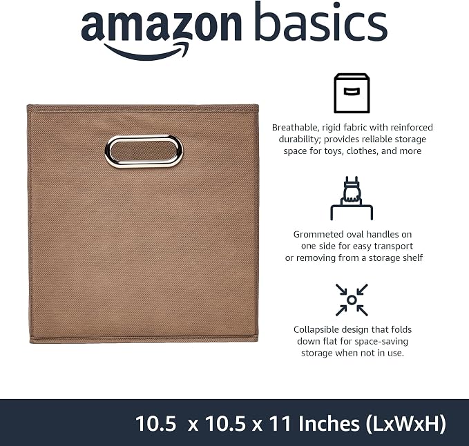Amazon Basics Collapsible Fabric Storage Bins with Handle, Sturdy Space-Saving Cube Organizer, 10.5" x 10.5" x 11", Taupe, 6-Pack