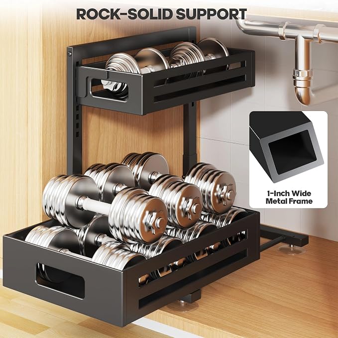 2 Pack Under Sink Organizer,Pull Out Cabinet Organizer with Smooth Cylindrical Rail,Metal Slide Out Drawer for Kitchen Bathroom Laundry Cabinet,8-Level Tool Free Height Adjustable-Black