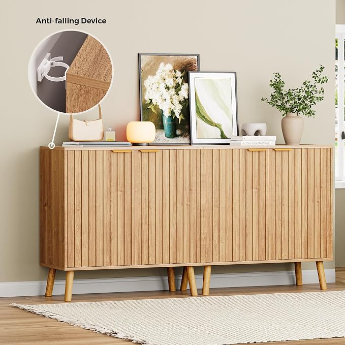 Set of 4 Fluted Storage Cabinet, Buffet Cabinet with Storage, Wood Sideboard with Adjustable Shelf, Modern Accent Cabinet & Console Table for Entryway, Living Room, Dining Room, Natural