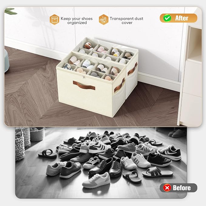 2 Pack Shoe Organizer for Closet, Foldable Shoe Storage with Adjustable | Farbic shoe storage organizer box bin with clear cover, fits up to 16 pairs, shoe storage box for closet, entryway, yellow