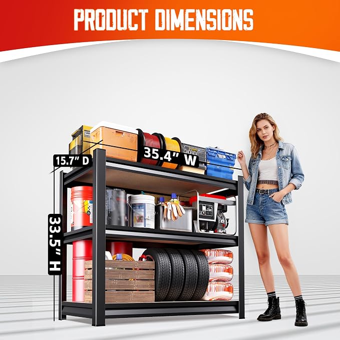 Set of 4 Garage Shelving,3 Tier Garage Storage Shelves,Adjustable Heavy Duty Metal Shelving Units and Storage Large Rack,Utility Steel Shelf For Shop Warehouse Industrial Pantry Basement 33"x35"x16"