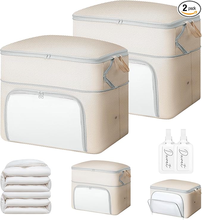Comforter Storage Bag - Large Capacity Blanket Storage Bags Front-opening Ultra Space Saving Self Compression Organizer, Washable Compression Bags for Storage Comforter Blanket, 2 Pack, Beige