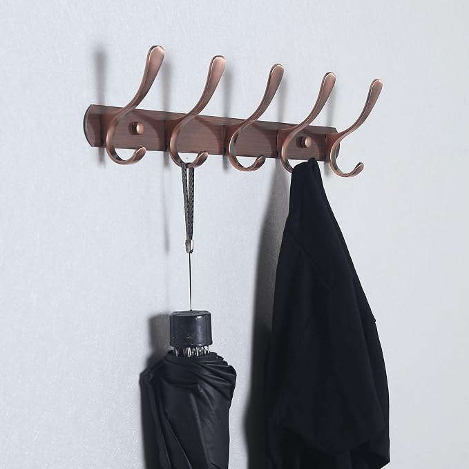 SKOLOO Coat Rack Wall Mount - Modern, Metal Wall Coat Rack with 5 Hooks, Sturdy Wall Hook Rack Rail for Hanging Coat, Jacket, Clothes, Hat, Red Copper