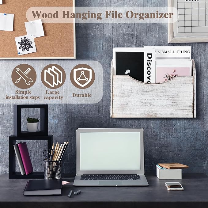 Suzile Wall Mounted File Holder Wood Magazine Holder Wall Hanging File Organizer for Office Mail Magazine Letter Paper Folder Organization (White)