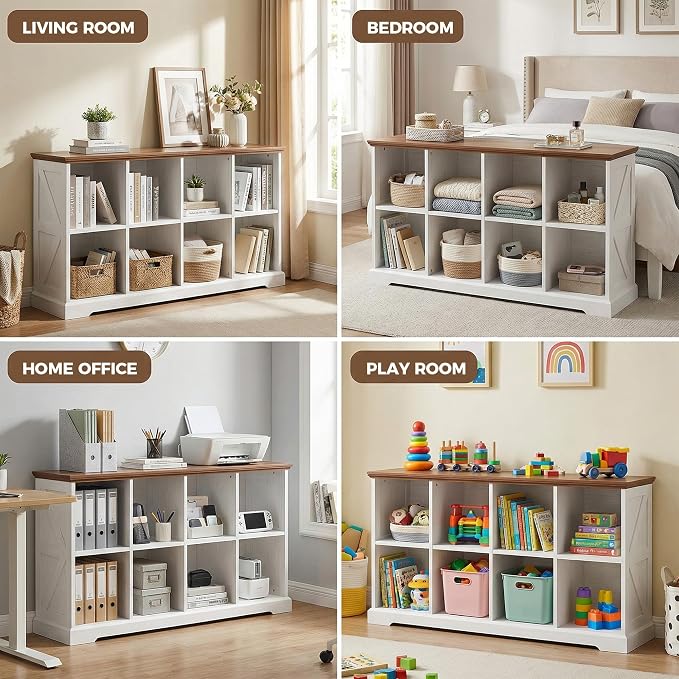 IRONCK 8 Cube Storage Organizer, Farmhouse Wooden Bookshelf with Storage | White finish, anti-tip design, wooden cube bookshelf unit for bedroom, living room, home office, display storage