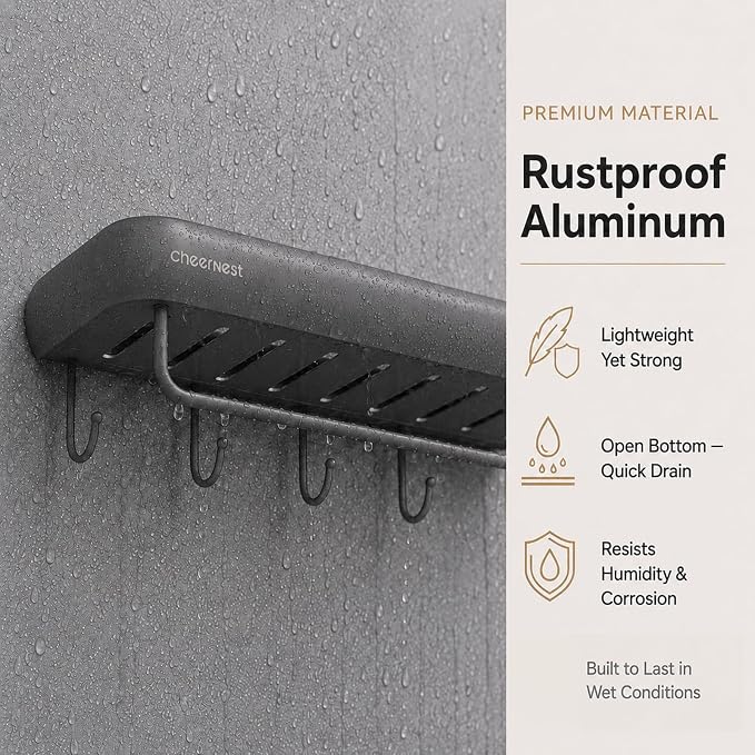 Shower Caddy Adhesive, No Drilling Rustproof Bath Organizer Shelf | Large Capacity,Includes Hooks&Hanging Bar, Aluminum Frame,2 Installation Ways,Wall-Mounted Bathroom Organizer Storage Shelves