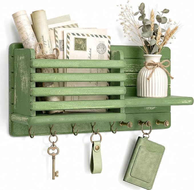 Rebee Vision Key Holder Wall Mount with 8 Key Hooks for Hoom Decor, Green | Key Holder for Wall, Mail Slot, Letter Storage, Mail Organizer, Key Hanger, Umbrellas, Floating Shelf, Home Organization