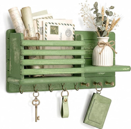 Rebee Vision Key Holder Wall Mount with 8 Key Hooks for Hoom Decor, Green | Key Holder for Wall, Mail Slot, Letter Storage, Mail Organizer, Key Hanger, Umbrellas, Floating Shelf, Home Organization