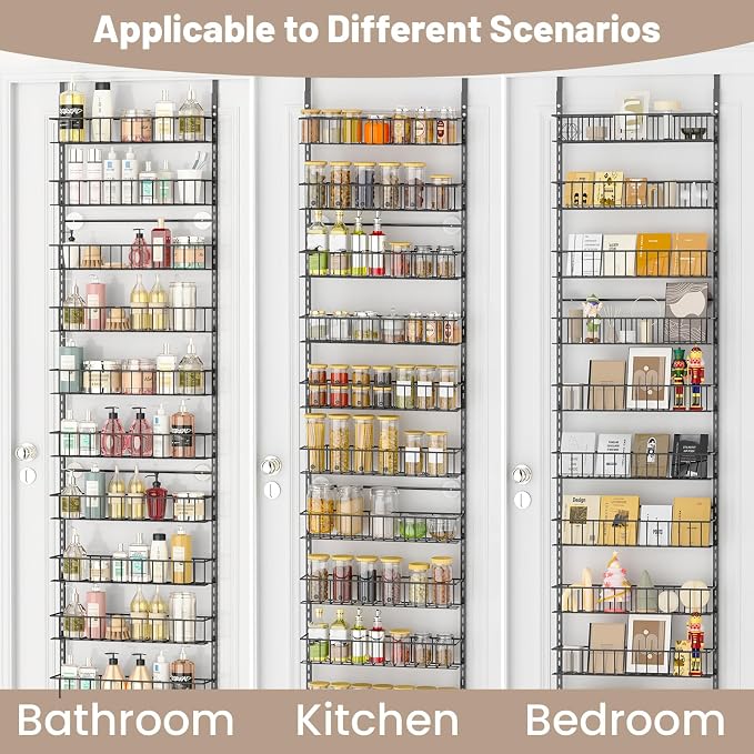 ElegantArray 10-Tier Pantry Door Organizer, Deep Gray | Over The Door Pantry Organizer Rack and Storage, Hanging Spice Rack Shelves Door, Home Office Laundry Room Bathroom & Kitchen