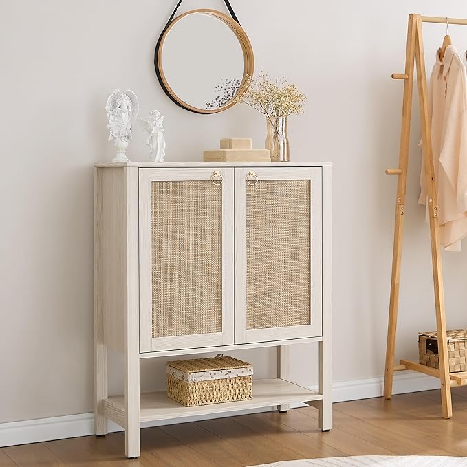 SICOTAS Rattan Shoe Cabinet with Storage, 5 Tier, White Cream Oak | Farmhouse Boho Shoe Organizer Storage Cabinet with Shelves & Doors, Tall Shoe Rack Cabinet for Entryway, Living Room, Closet