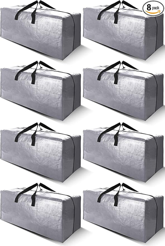 Cosy Family 8 Pack Heavy Duty Extra Large Moving Bags with Backpack Straps - Strong Handles & Zippers, Storage Totes For Space Saving, Fold Flat, Alternative to Moving Box (Set of 8, Silver)