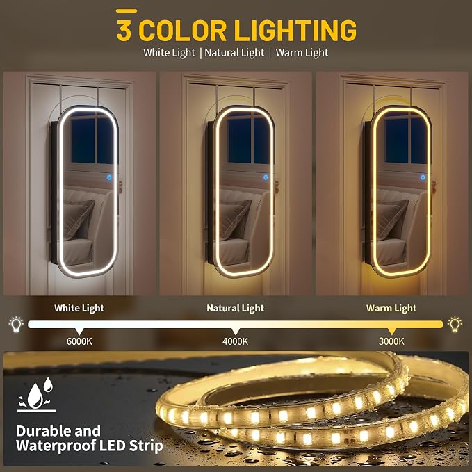 LED Mirror Jewelry Cabinet, Wall/Door Jewelry Organizer, 16" W Black | Lockable Jewelry Armoire with Full Length Mirror, 65 Ring and 108 Earring Slots, Foldable Shelf, Rounded Corner