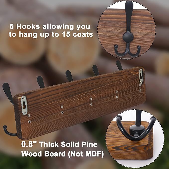 Coat Rack Wall Mounted - 5 Tri Hooks, Heavy Duty, Wooden Wall Coat Hanger Coat Hook for Clothes Hat Jacket Clothing, Natural & Black, 2 Packs
