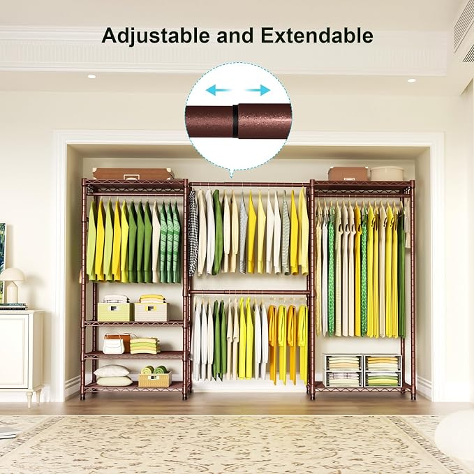 Ulif E1 Heavy Duty Closet Garment Rack, 6 Tiers Adjustable Metal Freestanding Expandable Clothing Storage with 4 Hanger Rods, Easy to Assemble Wardrobe, 71.4" H x (70" - 88.2") L x 14" D, Bronze