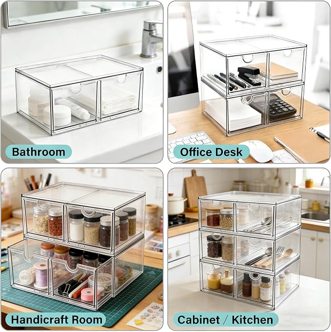 Prsildan 6 Small Drawers Stackable Storage Drawer Clear Acrylic Organizer | Makeup Organizers, Vanity Bathroom Kitchen Cabinets Under Sink Home Organization, 3 Pack