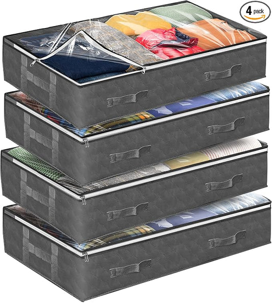 Reli. 90L Under Bed Storage Containers 4 Pack | Closet Organizer Bins | Large underbed storage bags with clear window, gray, dual zippers, 90L, 39x20x7, flat storage bins with lids, handles