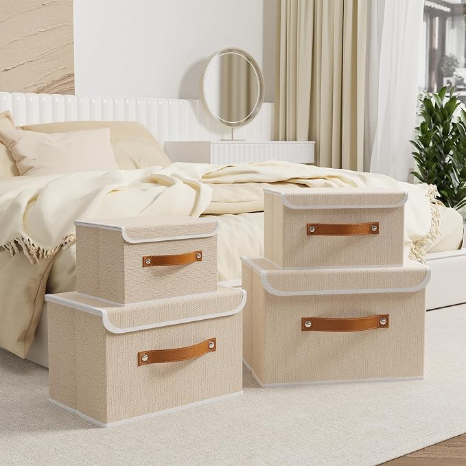 OUTBROS Storage Boxes, 10.2x7.9x6.7 in Bins with Lids, Beige | Cotton and linen cloth Storage Baskets with Handle, for Books, Closet, Bedroom, Home