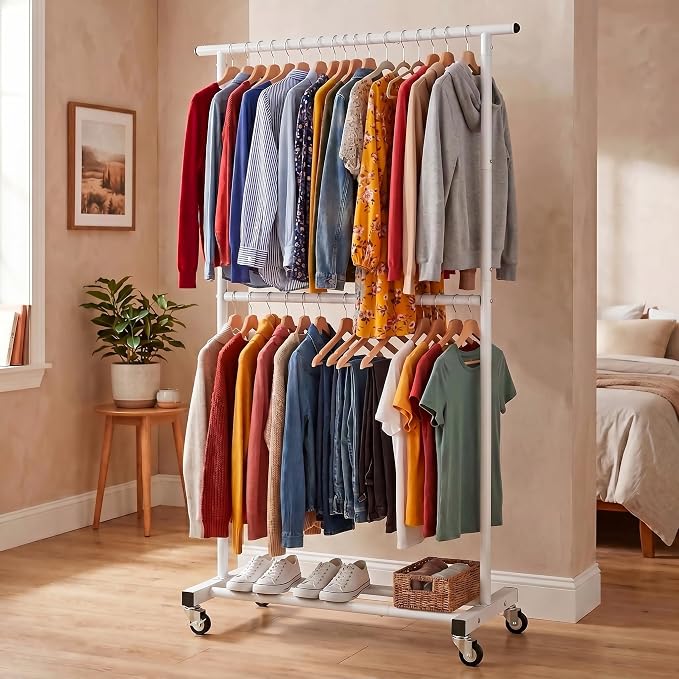 Sywhitta Double Rod Metal Clothing Garment Rack on Wheels, White | Rolling Clothes Organizer, for Hanging Clothes,Coats,Easy to Assemble,Space-Saving,Mobile Organizer for Closet