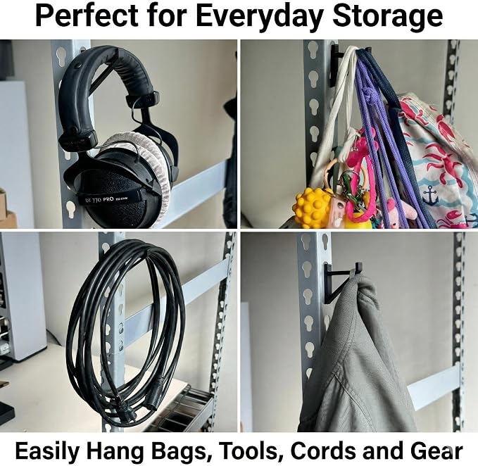 Garage Storage Utility Hooks (4-Pack) – Keyhole Shelving Hook Fits Standard Boltless Uprights – Strong Organization for Workshop & Shelves (Black)