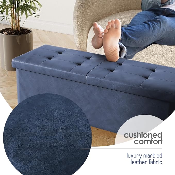 Storage Ottoman Bench with Bins, 43-in Storage Bench for Bedroom End of Bed, Folding Foot Rest Ottoman for Living Room Max 660lbs, Leather Ottomans, Blue