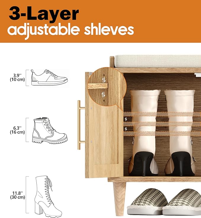 Akxomel 47.2" Rattan Shoe Storage Bench 4 Doors Wooden Entryway Bench Oak | 2 Tier Shoe Bench with Padded Cushion, Adjustable Shelves and 4 Doors, Solid Wood Legs, for Hallway, Living Room, Bedroom