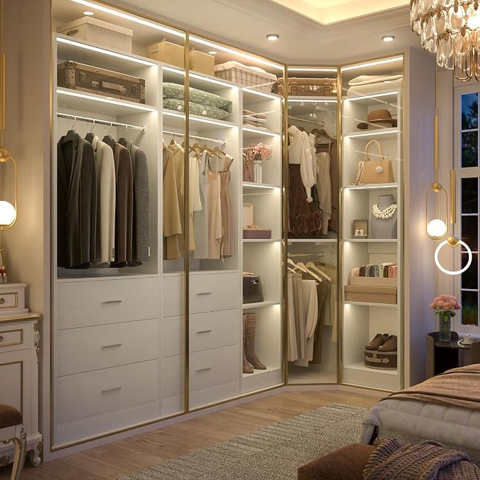 Besiost Corner Closet System with 6 Drawers, Closet Organizer System with 14 Shelves & 4 Hanging Rods, 87.2"L * 39.2"W / 63.2"L * 63.2"W Reversible L Shaped Walk-in Closets, Load 2500+LBS, White
