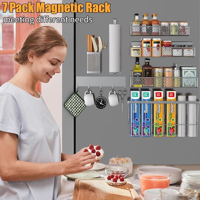 DTUQYX Magnetic Spice Rack for Refrigerator, 7 Pack Metal Magnetic Shelf, Moveable Magnetic Storage Fridge Organizer Grey, Spice Organizer, Hook Rack, Paper Towel Holder, Cutting Board Holder, HM5471