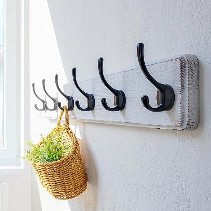 Coat Rack Wall: 24" Long, Patented, Heavy-Duty, 6-Double-Hooks Wooden Wall Mounted Coat Rack Coat Hanger Hook Rail for Winter Coats Hat Jacket Clothing, White & Black