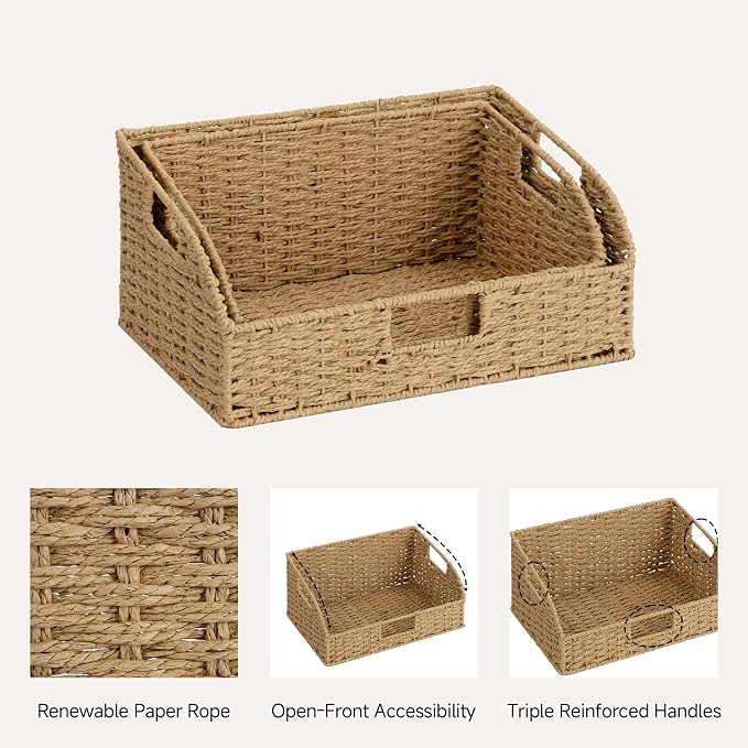StorageWorks Pantry Baskets for Organizing,Wicker Basket for Storage,2-Pack | Paper Rope Wicker Storage Baskets for Shelves with Handles,Pantry Organizers and Storage,Shelf Baskets for Organizing