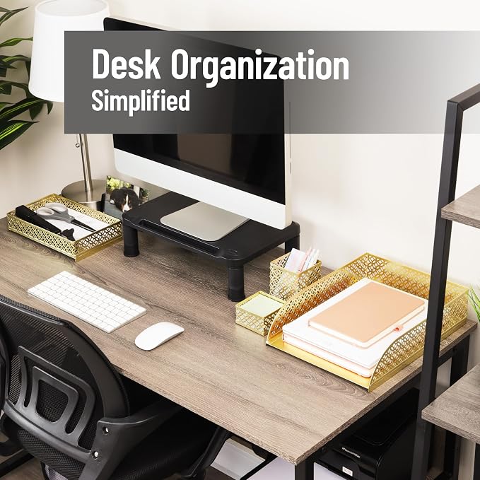 Mind Reader Gold Desk Organizer Set, Includes Pen Cup, Catchall Tray, File Box & Paper Tray, 4-Piece Metal Desktop Accessory Kit
