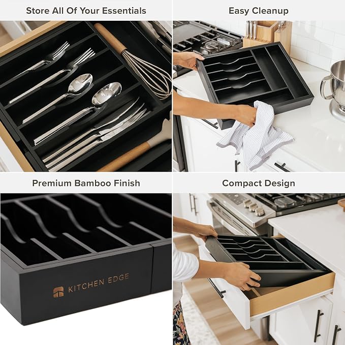 KitchenEdge Silverware & Utensil Drawer Organizer, 14.5-25 in, Black Bamboo | Cutlery, flatware, food-safe contract grade, kitchen drawer fit