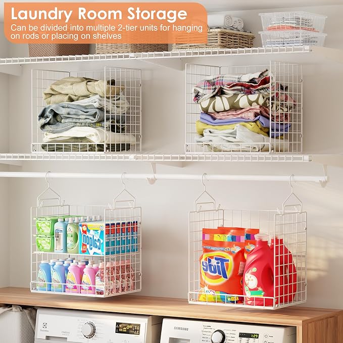 8 Tier Extended Width Hanging Closet Organizer, Sweater Storage for Closet Organizer System, Stackable Wire Basket Bins for Clothes Purse Shoes, Hanging Shelves with 4 Hooks & 4 Dividers Adjustable