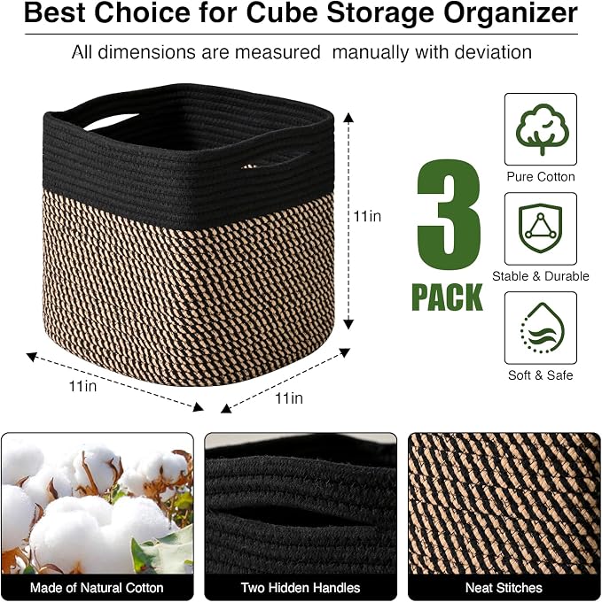 ICERZCZ 11 Inch Cube Storage Bins, Storage Cube Organizer Bins, Woven Cotton Rope Baskets for Storage, Storage Basket for Organizing Shelves, Square Baskets for Toys Nursery, Black & Jute (Pack of 3)