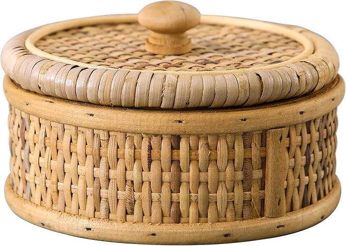 SOFE Small Round Rattan Box with Lid, Decorative Storage Boxes, Rattan Storage Basket for Jewelry, Candies, Snacks, Keys, Desktop Farmhouse Woven Boxes for Decor, 5.7 Inches
