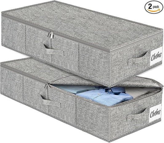 Under Bed Storage Container Bins 2 Pack, Low Profile Foldable Underbed Clothes Storage Organizer W/ Ultra Thick Fabric and Sturdy Bottom/Sides, Dual Zipper Storage Box for Dorm and Home 30x16x6.7"
