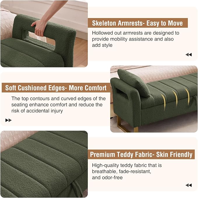 66" Storage Bench for Bedroom Upholstered End of Bed Bench King Size Green | Long Bedroom Benches for Foot of Bed King,Teddy Storage Bed Bench with Gold Legs,2 Pillows for Entryway Windows Cloakroom