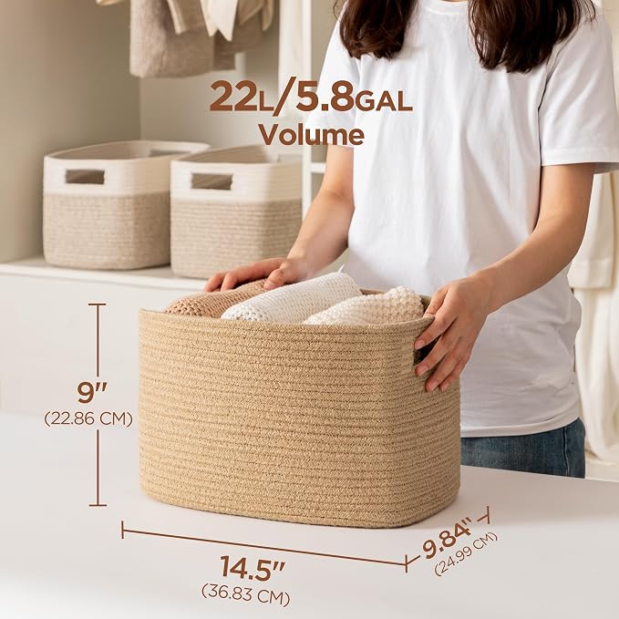 4 Pack Storage Baskets for Organizing, Shelf Baskets with Handles, Jute | 14.5"Lx9.8"Wx9"H, Woven Basket, Cotton Rope Basket, Toy Storage, Cube Shelf, Gift Baskets Empty, Home Decor
