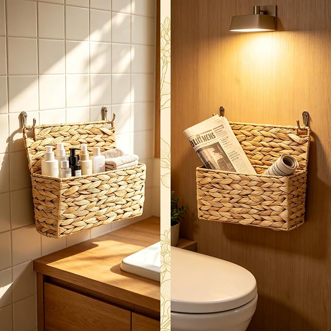 2PCS Woven Mail Holder Wall Mount Basket – Water Hyacinth Magazine Holder Wall Basket, Wicker Mail Organizer Wall Mount for Office, Books, Files, Letters & Entryway Decor, Hooks Included