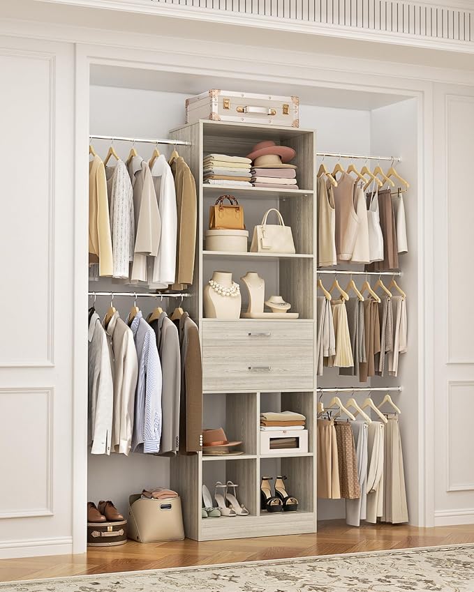 Small Closet System, 3.2-6.8FT Small Closet Organizer with 2 Wooden Drawers & 5 Hanging Rods, Can Fit 37.5 to 81.9 inch Walk-in Closet System, Built-in, Greige Oak, Enclosed Storage Volume 2.32 ft³