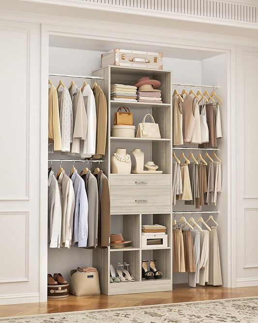 Small Closet System, 3.2-6.8FT Small Closet Organizer with 2 Wooden Drawers & 5 Hanging Rods, Can Fit 37.5 to 81.9 inch Walk-in Closet System, Built-in, Greige Oak, Enclosed Storage Volume 2.32 ft³