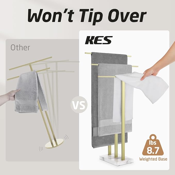 KES 3-Tier Freestanding Towel Rack with Marble Base, 36" Tall, Brushed Gold | Weighted Base Prevents Tipping, Anti-Slip Pads, No-Drill Assembly, Fits Bath Sheets And Hand Towels, For Humid Bathrooms