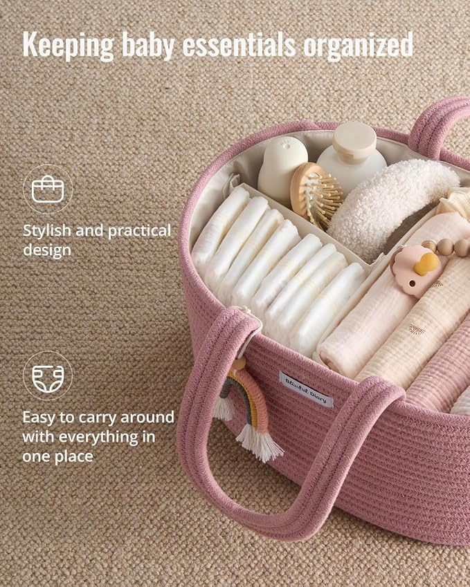 Blissful Diary Baby Diaper Caddy Organizer, Cotton Rope Diaper Caddy Basket, Oval Storage Basket, Gift for Baby Shower, Newborn Essentials, Pink